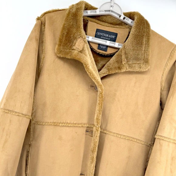 Centigrade Womens Petite Medium Camel Brown Faux Suede Fur Trim Long Trench Coat - Picture 7 of 10